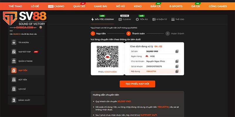 Sử dụng codepay ngân hàng để nạp tiền SV88 siêu tốc
